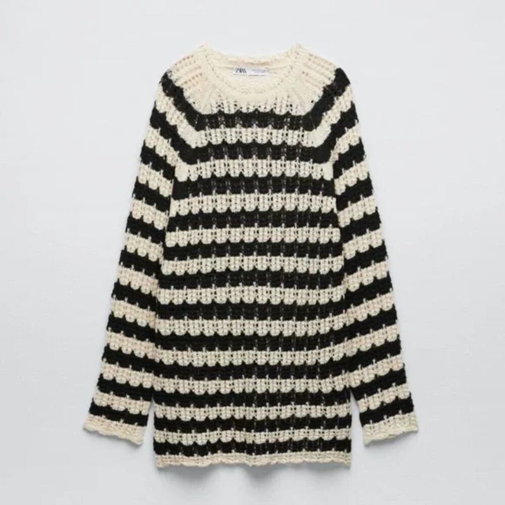 Black Cream Striped Pointelle Open Knit Long Sleeve Pullover Tunic Sweater (NWT) - Picture 4 of 7